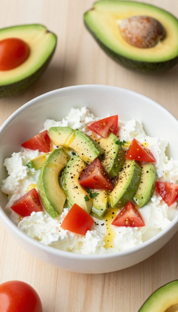 Savory cottage cheese bowl with avocado and tomato