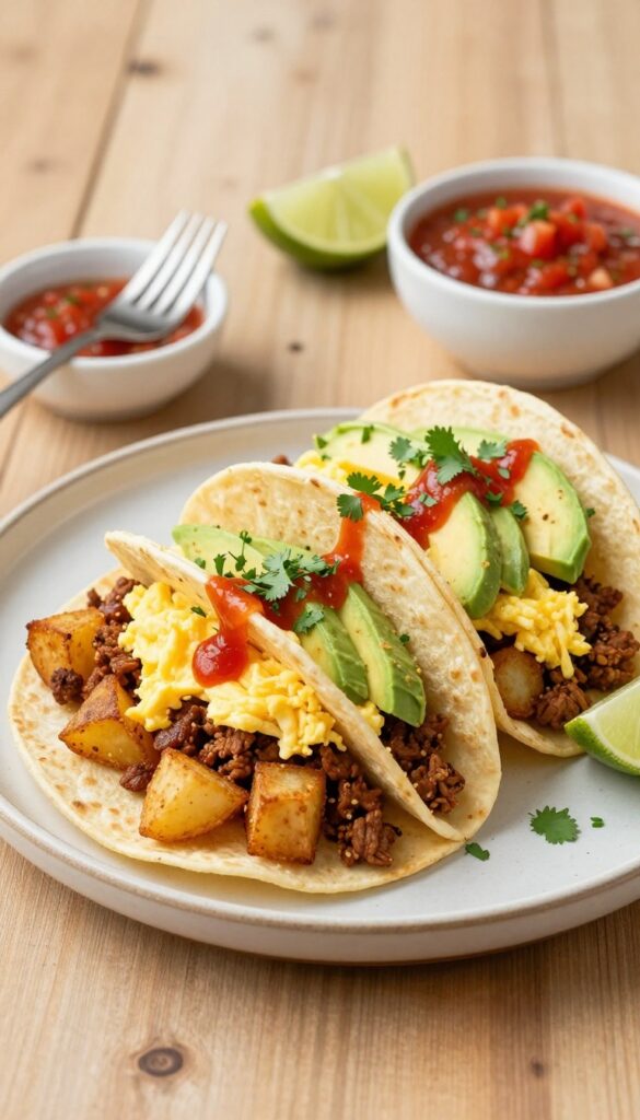 Breakfast tacos with chorizo, potatoes, scrambled eggs, avocado, and salsa on a wooden table.