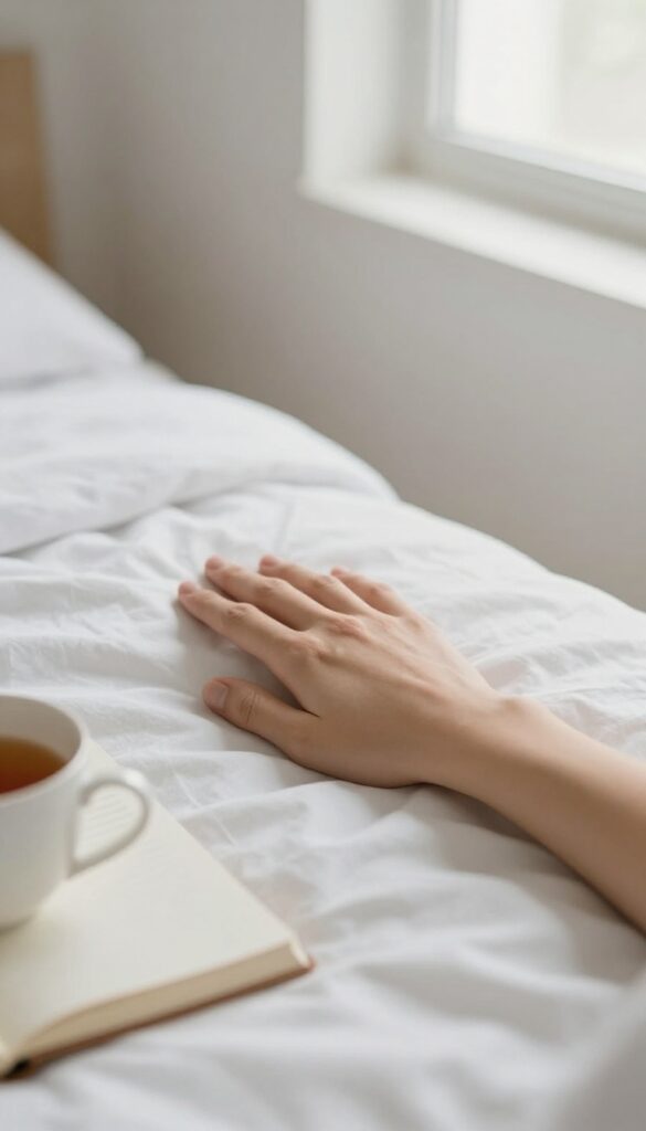 Person placing hand over heart in a calm bedroom with journal and tea