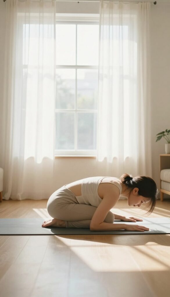 Woman doing a gentle forward fold in a bright, peaceful living room