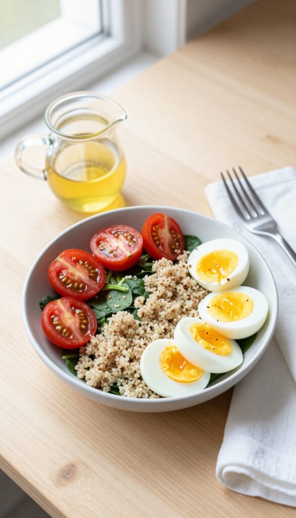 Egg and veggie breakfast bowl with spinach, cherry tomatoes, quinoa, and hard boiled eggs, drizzled with lemon vinaigrette.