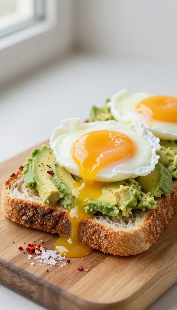 Avocado toast with poached egg on sourdough, runny yolk, bright natural light, photorealistic food photography