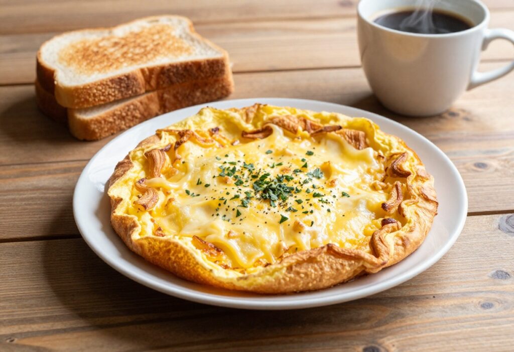 A golden omelet with melted cheese and herbs on a plate with toast and coffee