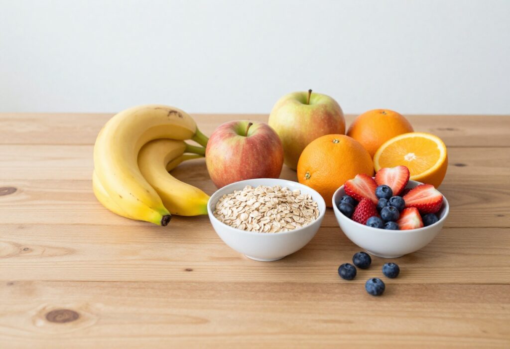 A colorful assortment of fresh fruit and a bowl of oatmeal with berries on a wooden table.