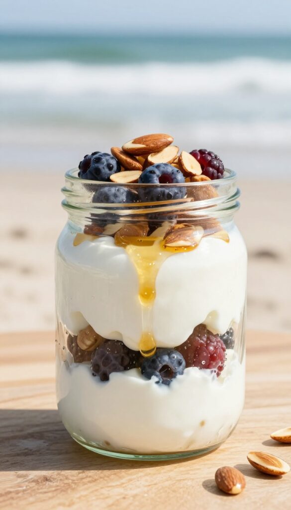 Layered berry yogurt parfait with honey and almonds in a jar on a beach towel
