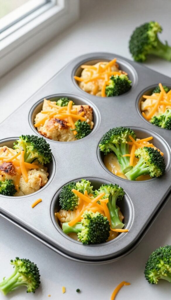 Broccoli and cheddar egg muffins baked in a muffin tin, golden and fluffy with visible broccoli and melted cheese.