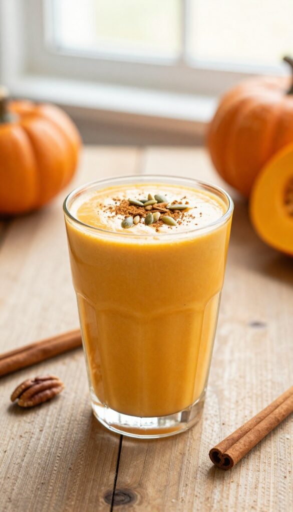 Pumpkin spice smoothie in a glass with spice and pepitas garnish on a wooden table