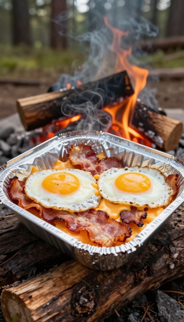 Campfire bacon and egg foil packet being opened, showing crispy bacon, eggs, and melted cheese.