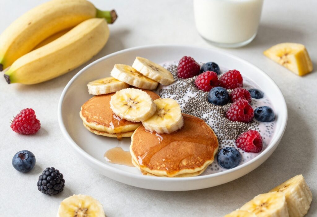 Healthy sweet breakfast ideas on a table featuring pancakes, smoothie bowl, and chia pudding