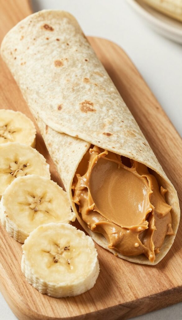 Peanut butter banana roll-ups on a wooden board, one whole and several sliced pieces showing the filling.