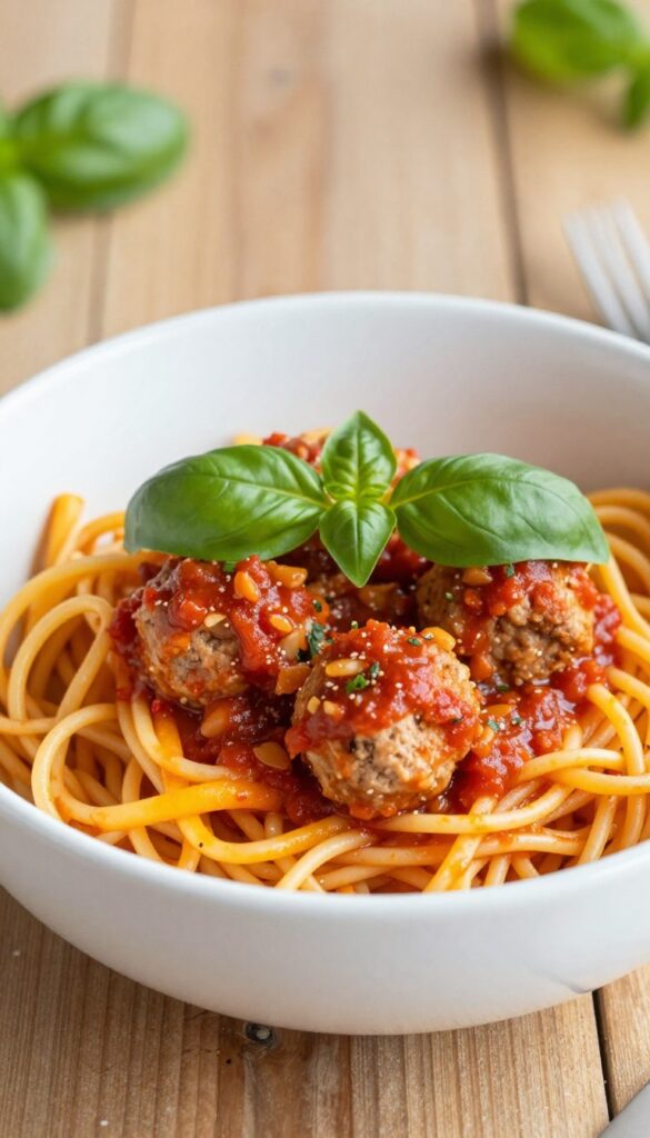 Spaghetti squash with marinara sauce and turkey meatballs in a bowl on a wooden table