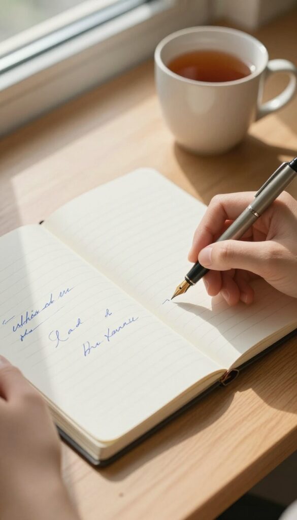 Person writing in a notebook with a fountain pen, natural light, cozy desk setting