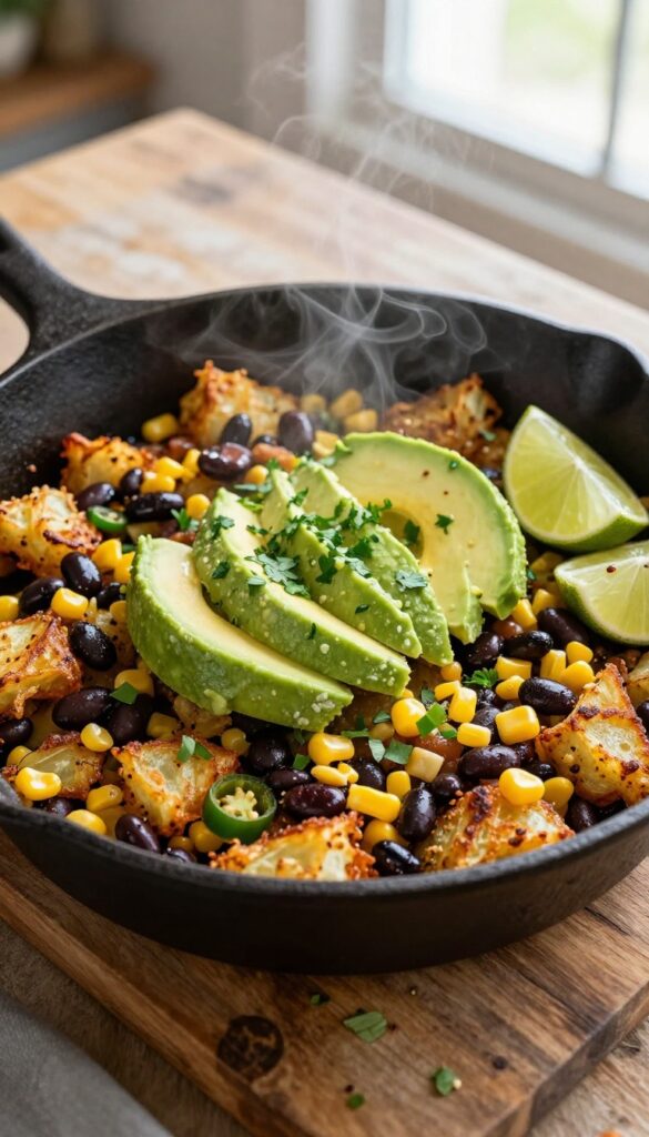 Southwest hash brown skillet with avocado and cilantro