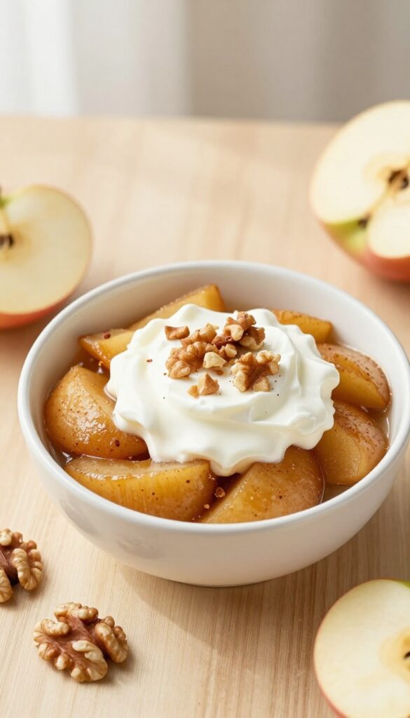 Baked cinnamon apple slices in a bowl with Greek yogurt and walnuts