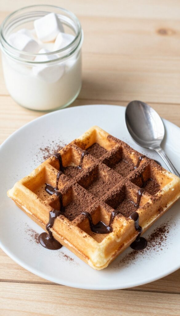 Golden waffle dusted with cocoa powder served with marshmallow fluff for dipping