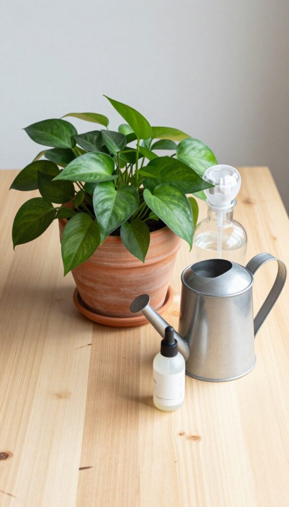 Plant parent self care basket with pothos, watering can, misting bottle, plant food, and decorative pot on a wooden table.