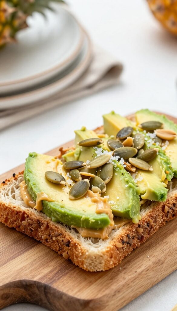 Peanut butter avocado toast topped with pumpkin seeds on a wooden board