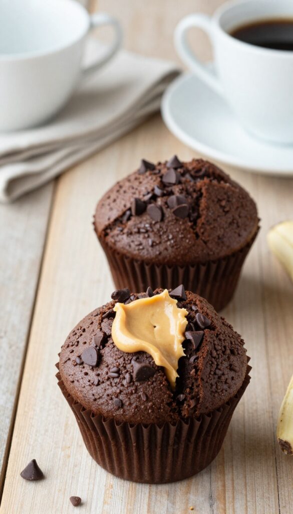 Double chocolate banana muffin split in half with peanut butter on a wooden table, with chocolate chips and banana nearby.