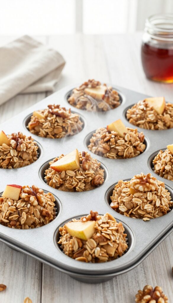 Apple cinnamon baked oatmeal cups in a muffin tin, golden brown, with steam rising, on a wooden table with maple syrup.