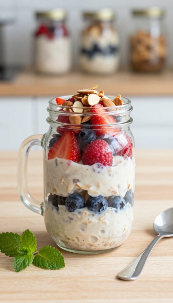 Overnight oats in a jar with berries and almonds on a wooden table
