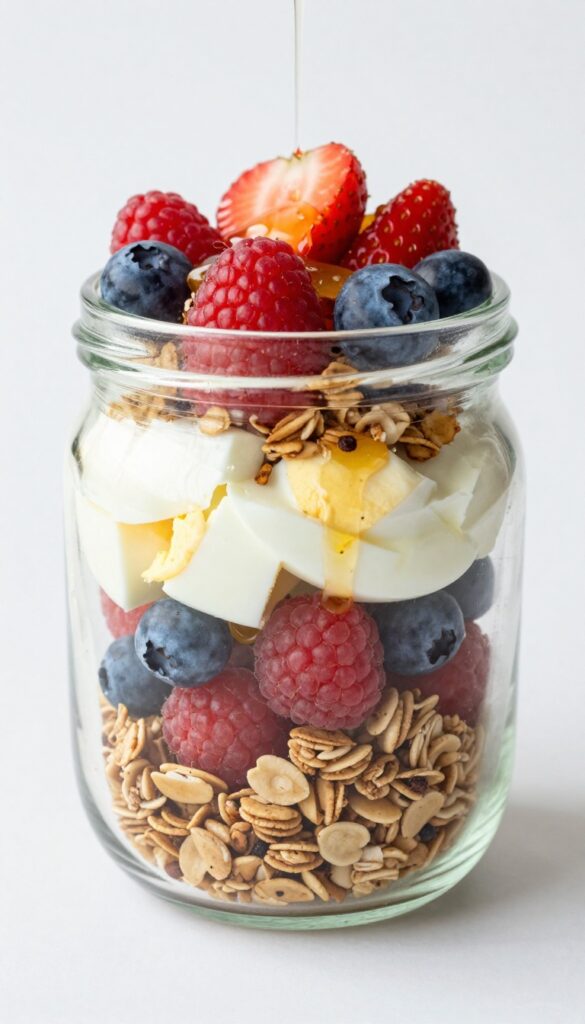 Layered parfait in a glass jar with Greek yogurt, chopped hard boiled eggs, berries, and granola, topped with honey drizzle.