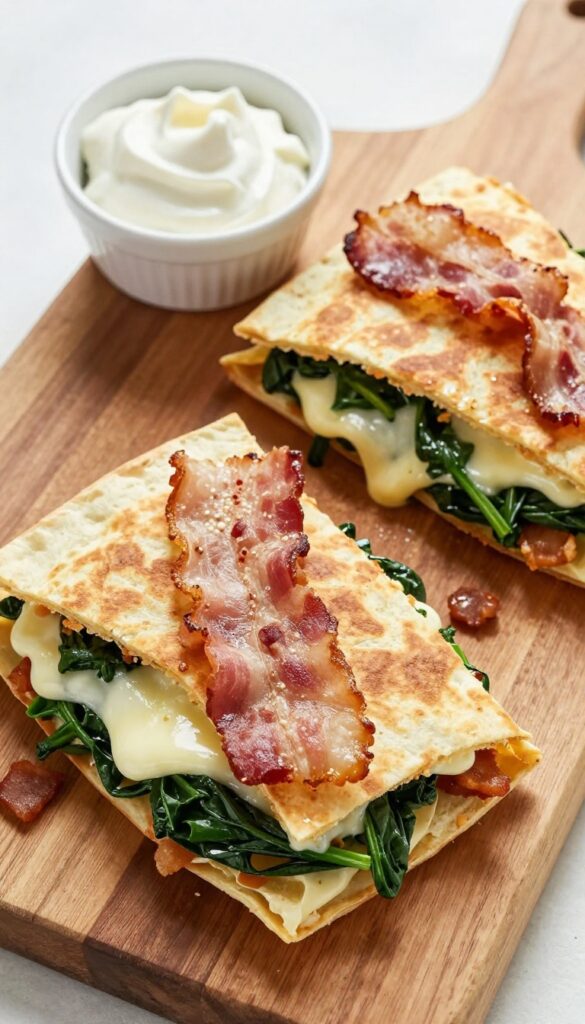 Bacon and spinach quesadilla wedges on a cutting board with salsa and sour cream