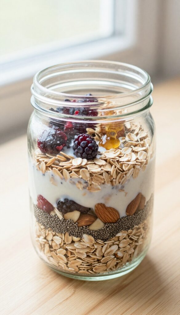 Mason jar overnight muesli with oats, nuts, dried fruit, and fresh berries in natural light