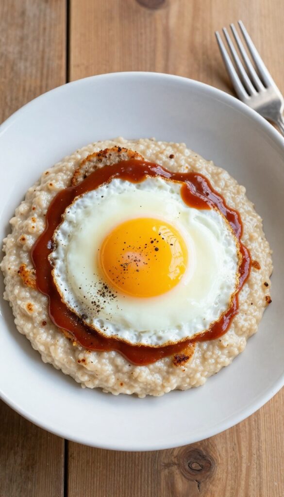 Bowl of creamy grits topped with sausage patty and fried egg