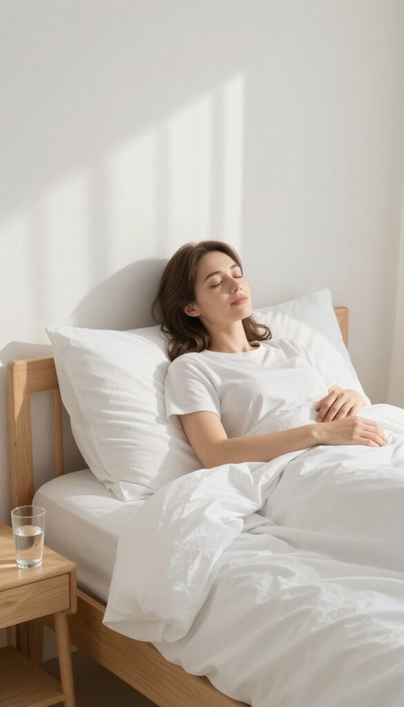 Woman waking up peacefully without phone in bright minimalist bedroom