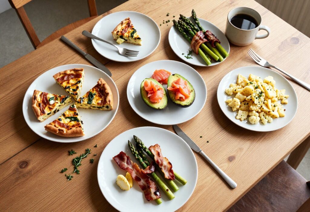 Assorted low-carb savory breakfast dishes on a wooden table, including frittata, avocado boats, and bacon-wrapped asparagus.