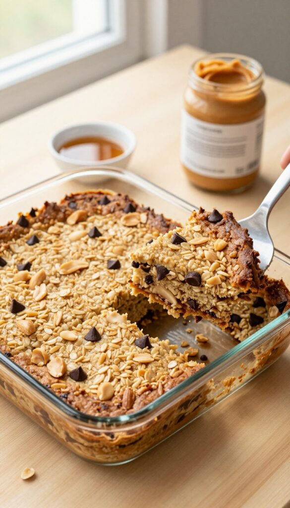 Peanut butter banana oatmeal bake in a baking dish, cut into squares, with chocolate chips and peanuts, served with extra peanut butter and maple syrup.