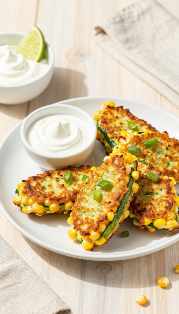 Crispy zucchini and corn fritters with sour cream and lime on a white plate, top-down view, beachside breakfast.