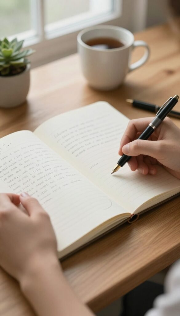 Person journaling with pen in a cozy, sunlit workspace