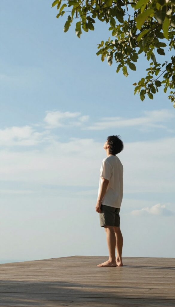 Person standing on a porch looking up at the sky, practicing a five-minute outdoor self-care break.
