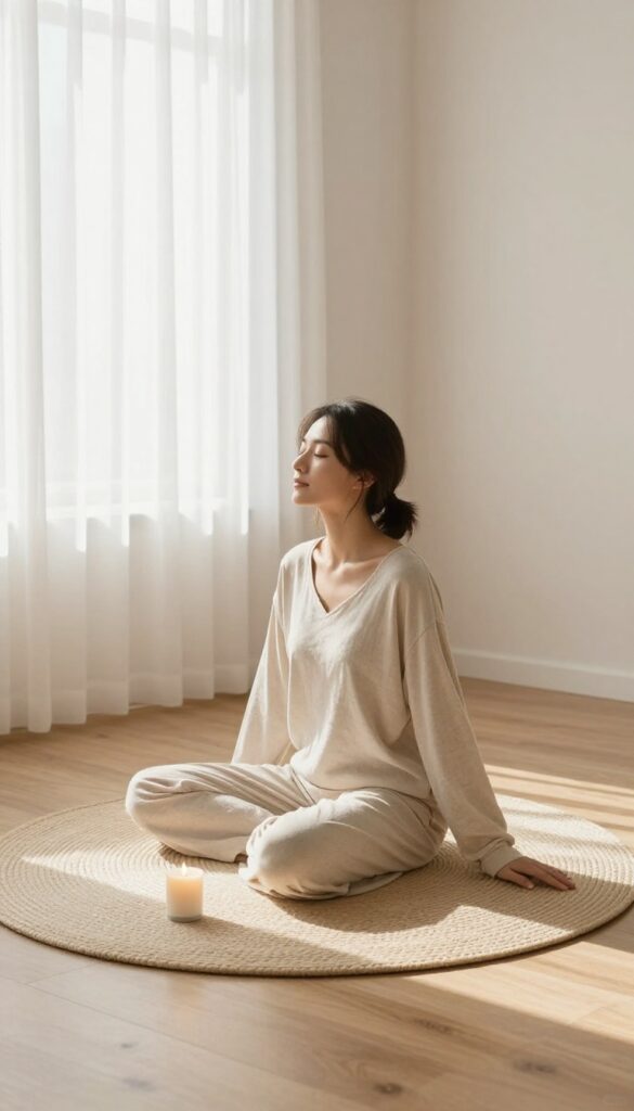 Woman stretching on yoga mat in cozy sunlit room with candle
