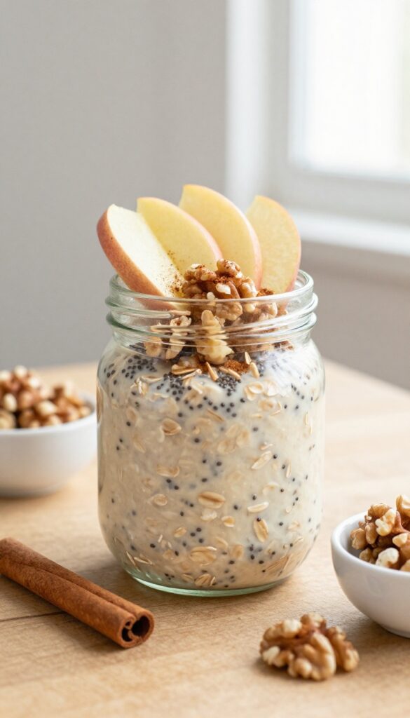 Cinnamon apple overnight oats in a glass jar with grated apple and walnuts on top.
