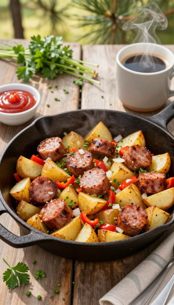 Campfire sausage and potato hash in a cast iron skillet on a wooden table outdoors with coffee and ketchup.