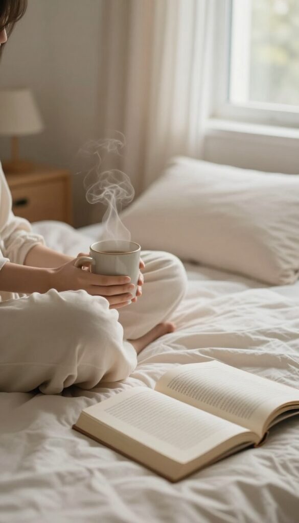 A person relaxing in bed with a warm drink and a book, creating a peaceful wind-down routine.