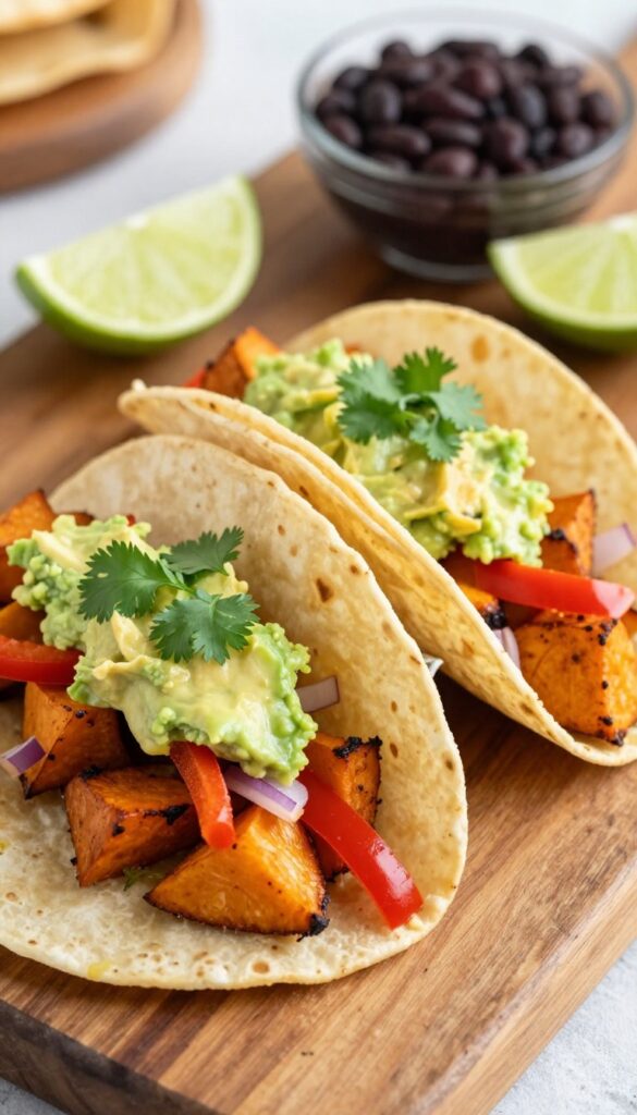 Roasted vegetable breakfast tacos with sweet potato, peppers, and avocado crema