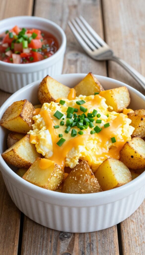 Egg and potato breakfast bowl with roasted potatoes, scrambled eggs, melted cheese, and chives.