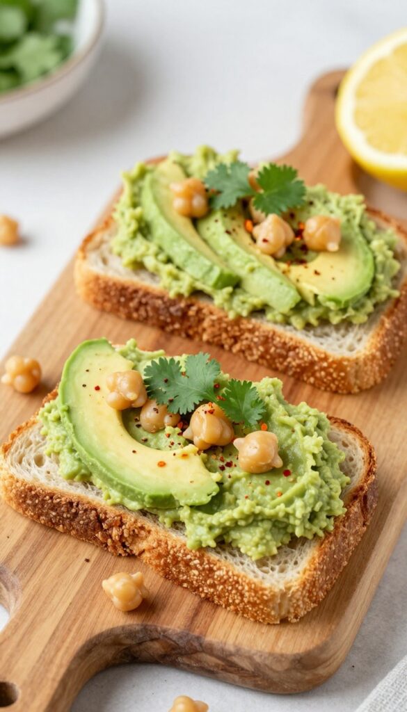 Avocado toast with smashed chickpeas and lemon on a wooden board