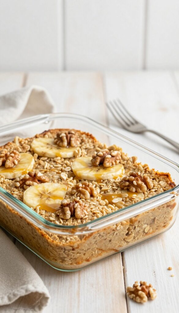 Golden banana oatmeal bake in a glass dish, sliced into squares with walnuts and maple syrup, on a wooden table in natural light.