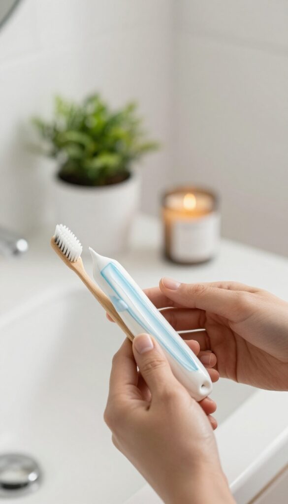 Person brushing teeth in bright bathroom with natural light, plant and candle in background