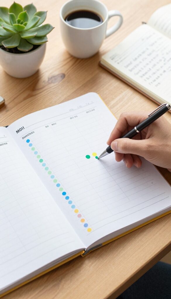 Open planner with mood tracker using colored dots, pen marking a green dot, notebook, coffee cup, and succulent on wooden desk.