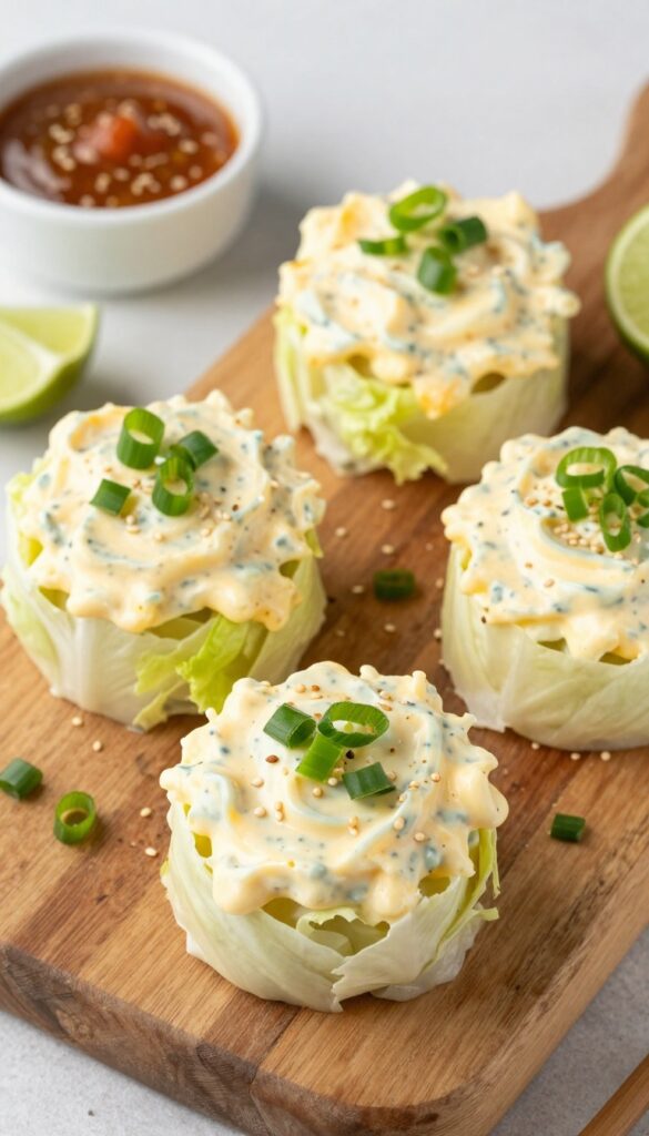 Three butter lettuce cups filled with spicy sriracha egg salad, garnished with green onions and sesame seeds, on a wooden board.