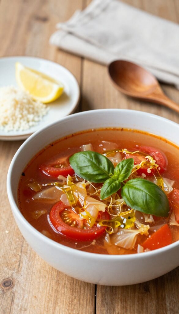 Bowl of cabbage soup with tomatoes and basil, garnished with Parmesan and olive oil on a wooden table