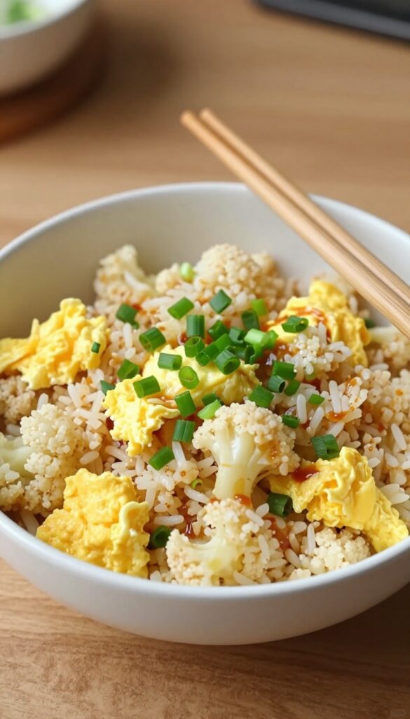Egg and cauliflower rice bowl with green onions and soy sauce