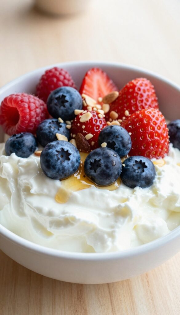 A creamy cottage cheese bowl topped with fresh berries, honey, and almonds in natural light.