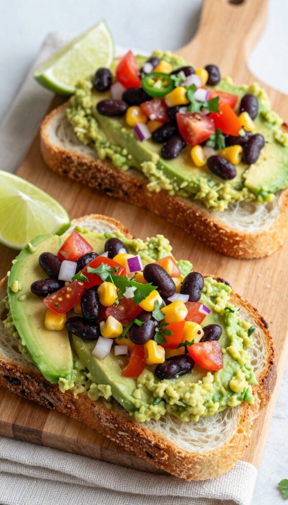 Black bean and corn salsa avocado toast on sourdough, topped with fresh salsa and lime wedge, rustic wooden table, bright natural light.