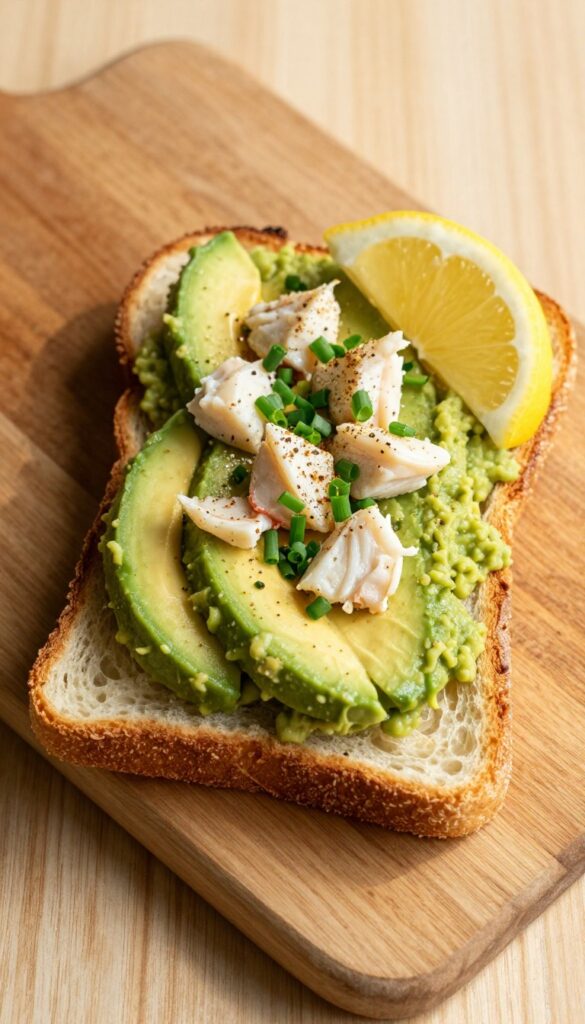Crab and Old Bay avocado toast on sourdough with lemon wedge